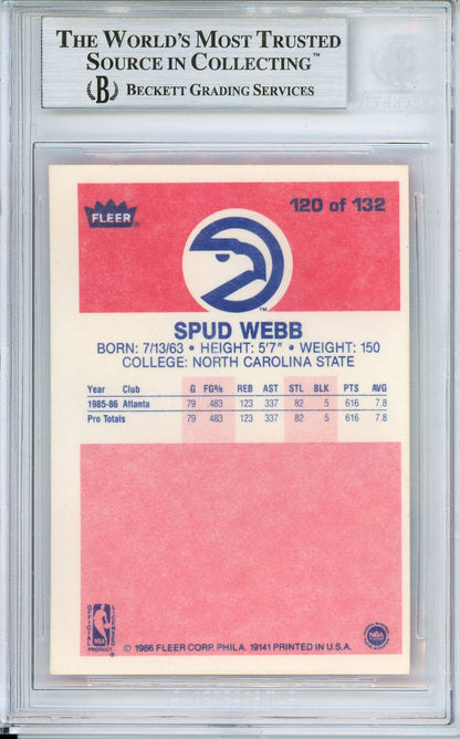 1986-87 FLEER BASKETBALL SPUD WEBB #120 AUTOGRAPH HOF HAWKS WITH 'SLAM DUNK CHAMP 86 INSCRIPTION BECKETT AUTHENTIC