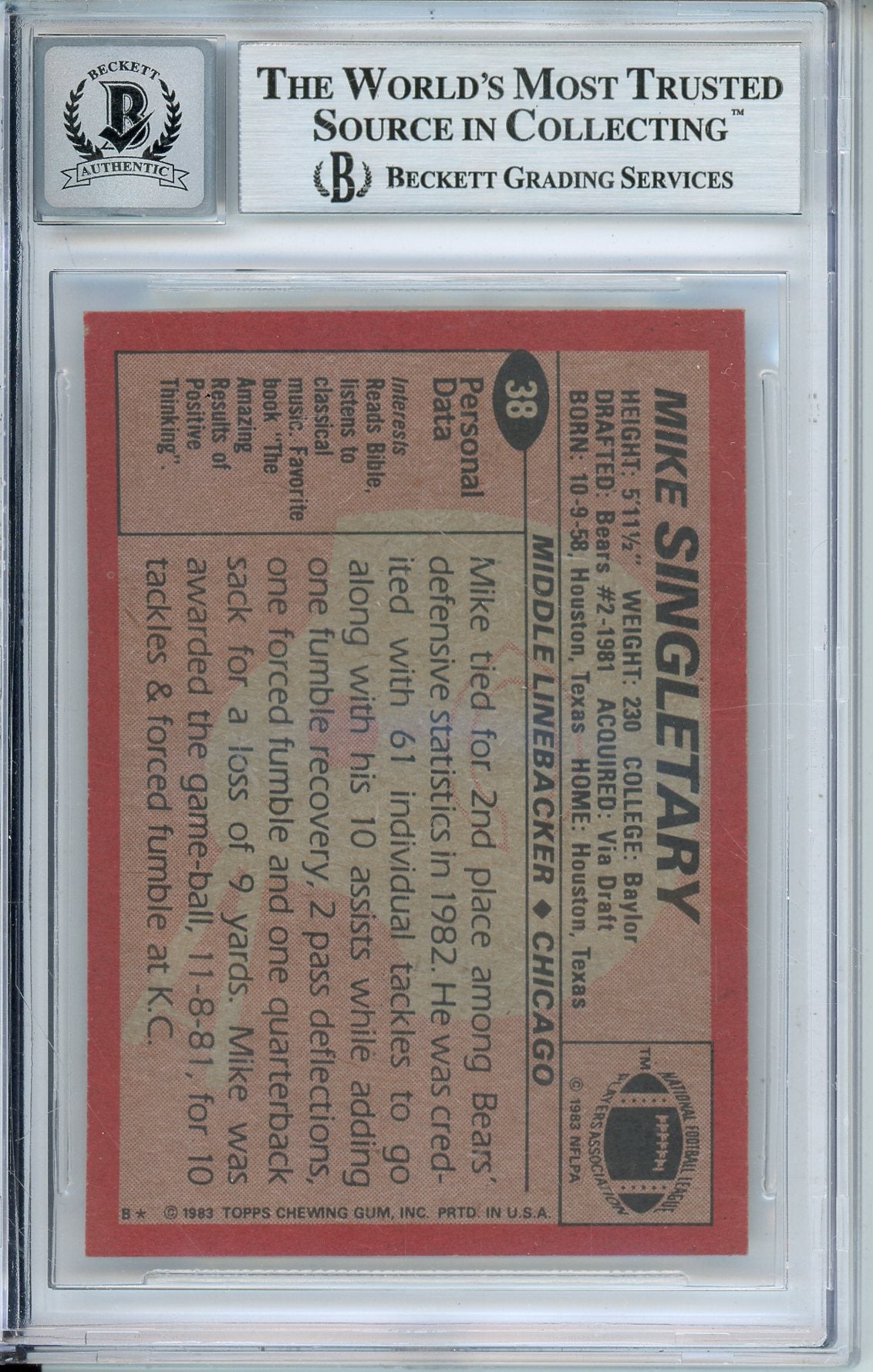 1983 TOPPS MIKE SINGLETARY #38 ROOKIE HOF BEARS 2-TIME DPOY AUTOGRAPH BECKETT AUTO GRADE 10