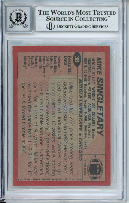 1983 TOPPS MIKE SINGLETARY #38 ROOKIE HOF BEARS 2-TIME DPOY AUTOGRAPH BECKETT AUTO GRADE 10