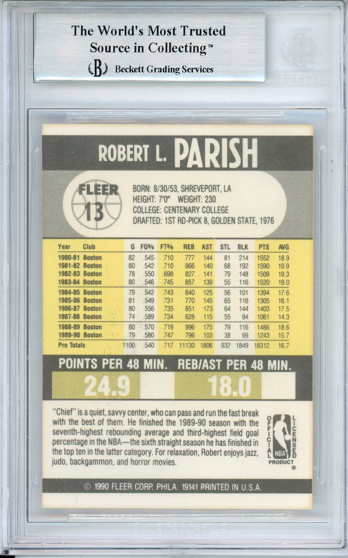 1990-91 FLEER ROBERT PARISH #13 CELTIC HOF AUTOGRAPH BECKETT AUTHENTIC (779)