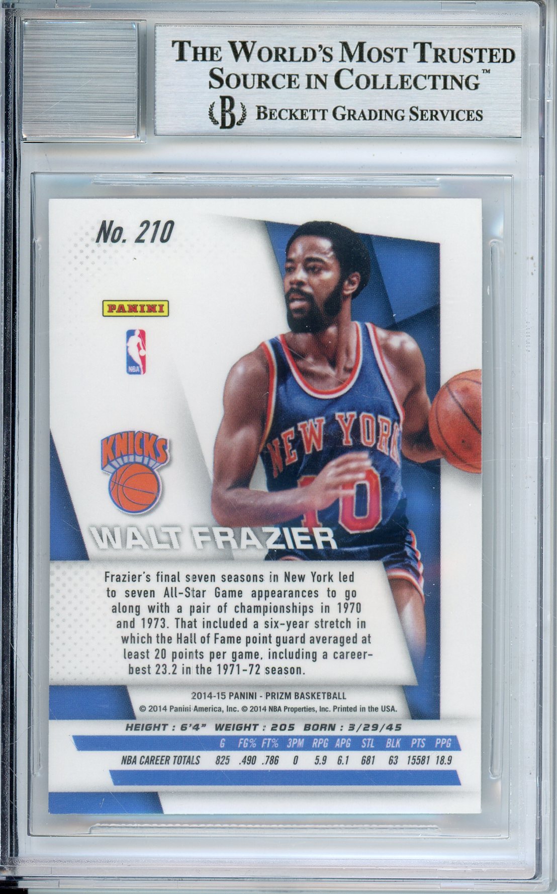 2014-15 PANINI PRIZM WALT FRAZIER #210 KNICK HOF AUTOGRAPH BECKETT 9 AUTO