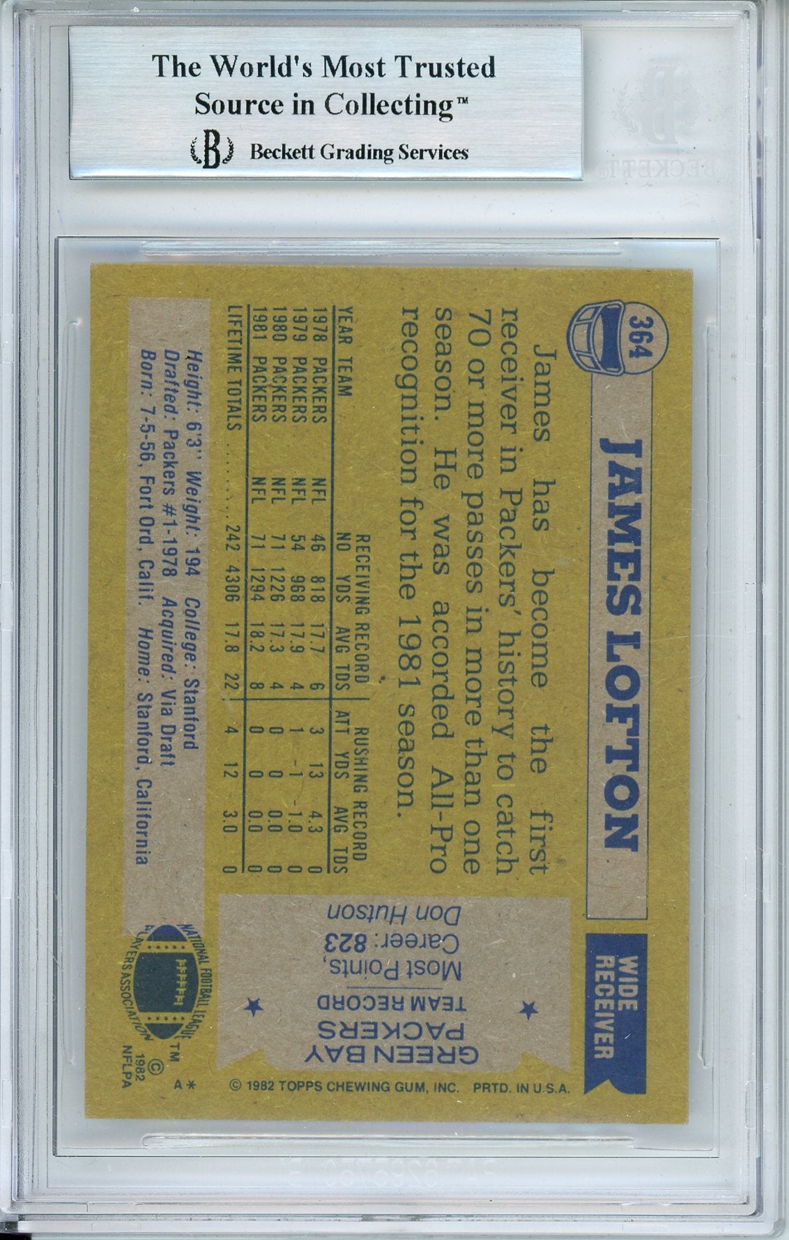 1982 TOPPS JAMES LOFTON #310 HOF PACKERS 8-TIME PRO BOWLER AUTOGRAPH BECKETT