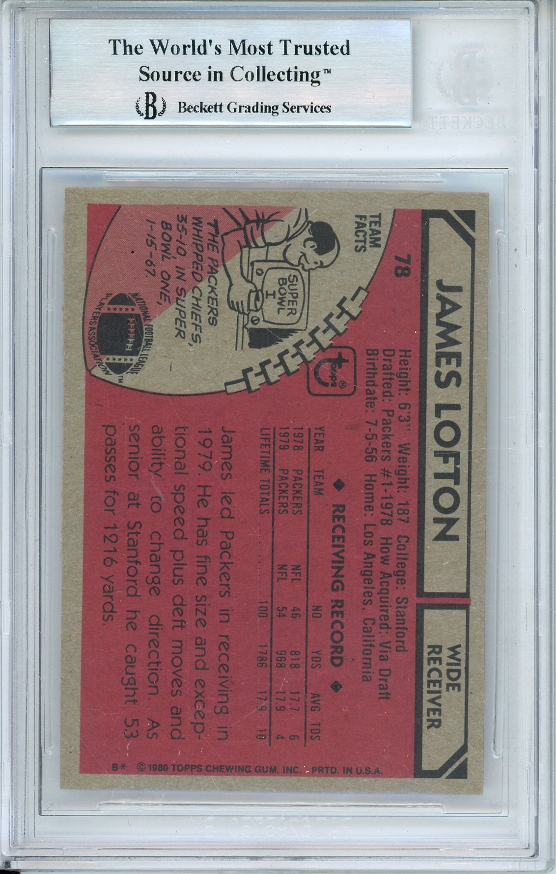 1980 TOPPS JAMES LOFTON #78 HOF PACKERS 8-TIME PRO BOWLER AUTOGRAPH BECKETT