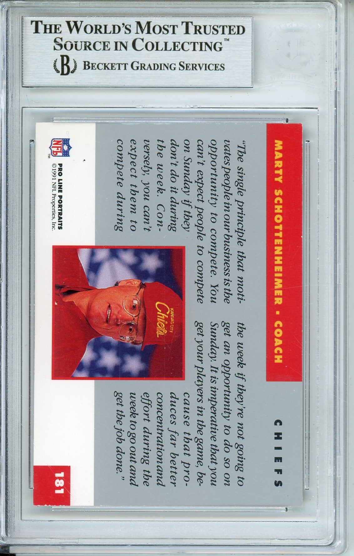 1991 PRO SET PORTRAITS MARTY SCHOTTENHEIMER #181 CHIEFS HEAD COACH AUTOGRAPH BECKETT