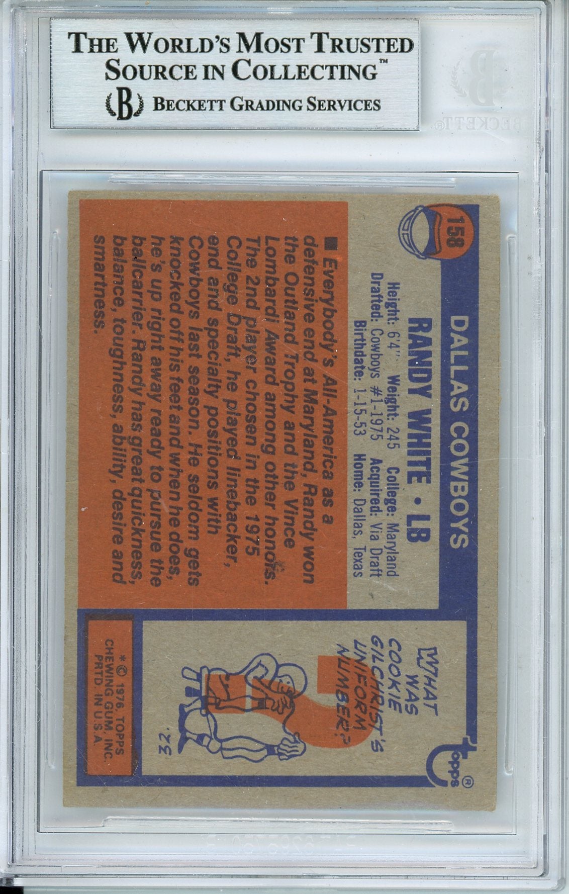 1976 TOPPS RANDY WHITE #158 HOF COWBOYS 8-TIME ALL PRO AUTOGRAPH BECKETT