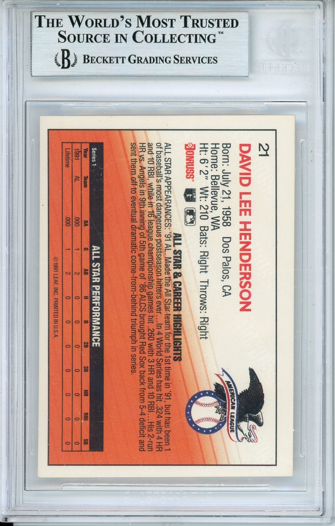 1992 DONRUSS DAVE HENDERSON #21 A'S HOF WORLD SERIES CHAMP AUTOGRAPH BECKETT
