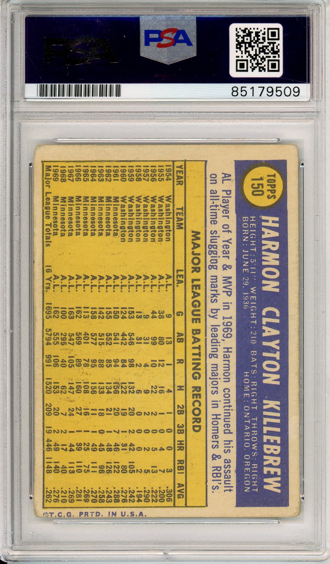 1970 Topps BASEBALL Harmon Killebrew #150 TWINS HOF PSA/DNA AUTHENTIC AUTO