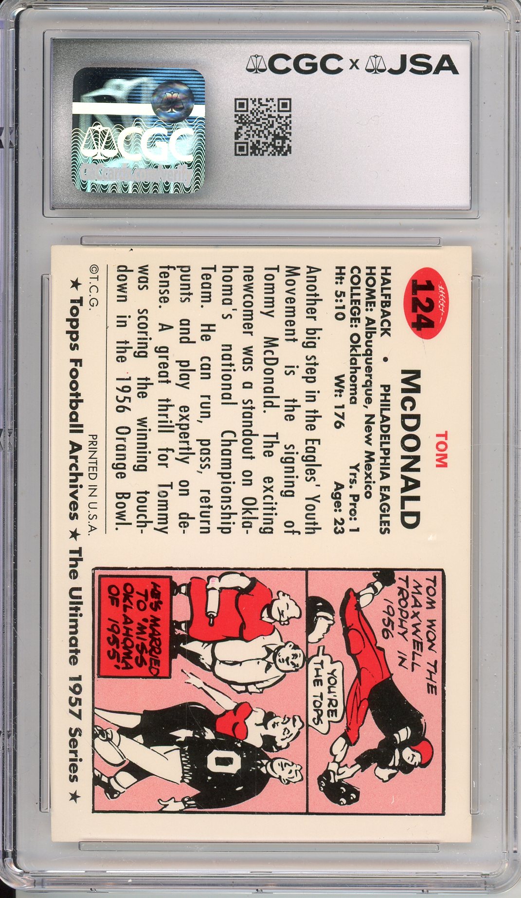 1994 TOPPS ARCHIVES TOMMY MCDONALD #124 HOF AUTOGRAPH CGC 8 AUTO GRADE 8