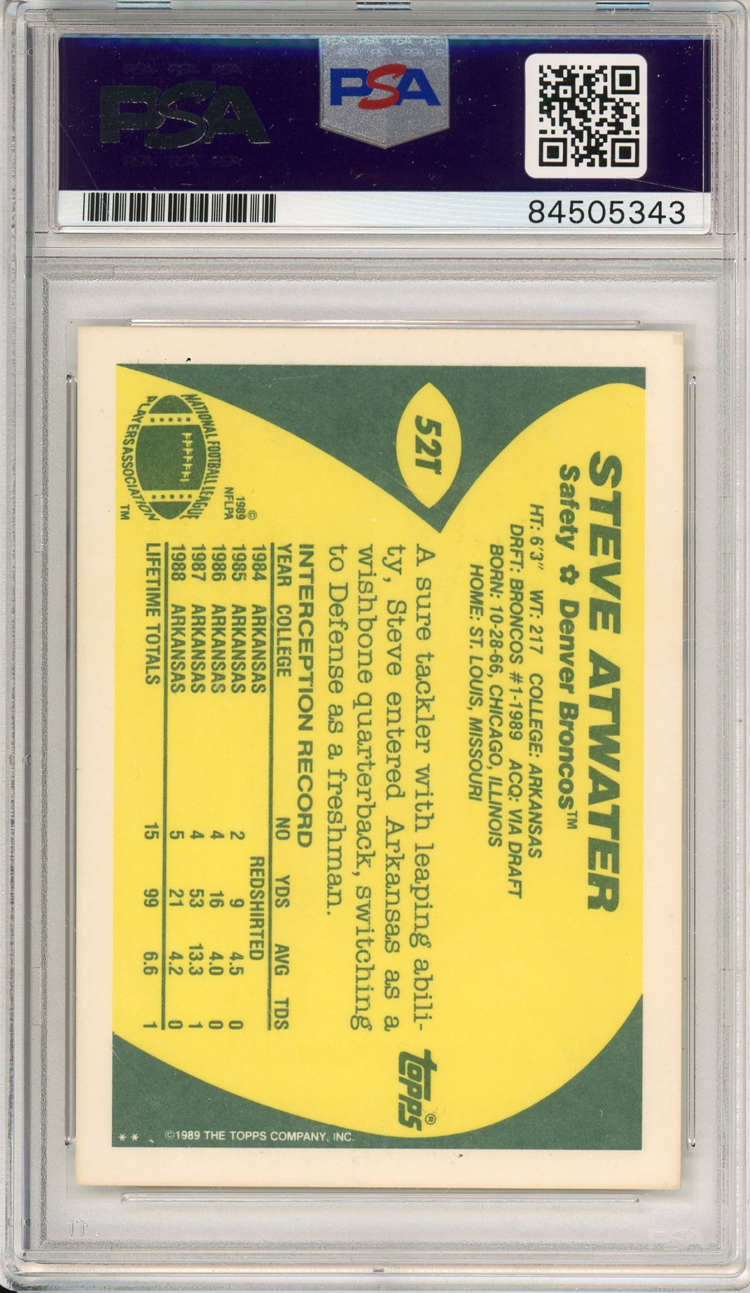 1989 TOPPS STEVE ATWATER #52T ROOKIE HOF BRONCO 2-TIME CHAMP AUTOGRAPH PSA/DNA