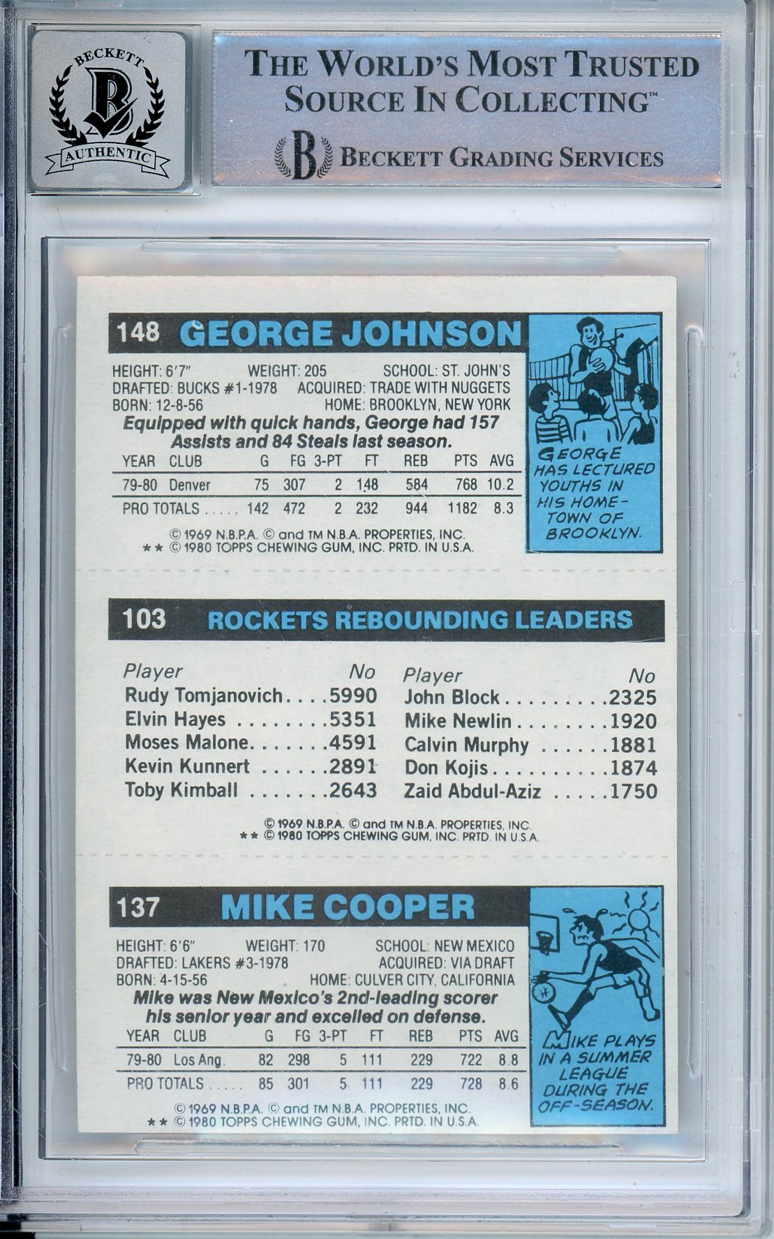 1980-81 TOPPS MICHAEL COOPER #45 ROOKIE HOF AUTOGRAPH BECKETT AUTO GRADE 10