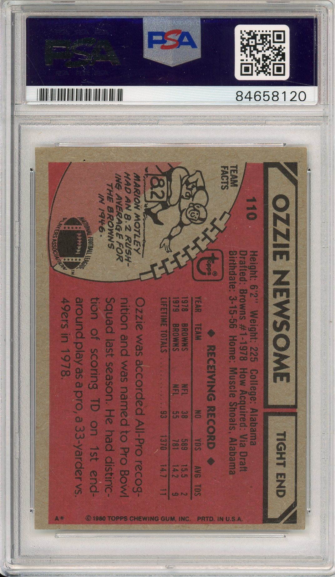 1980 TOPPS OZZIE NEWSOME #110 HOF BROWNS 7-TIME ALL PRO AUTOGRAPH PSA/DNA