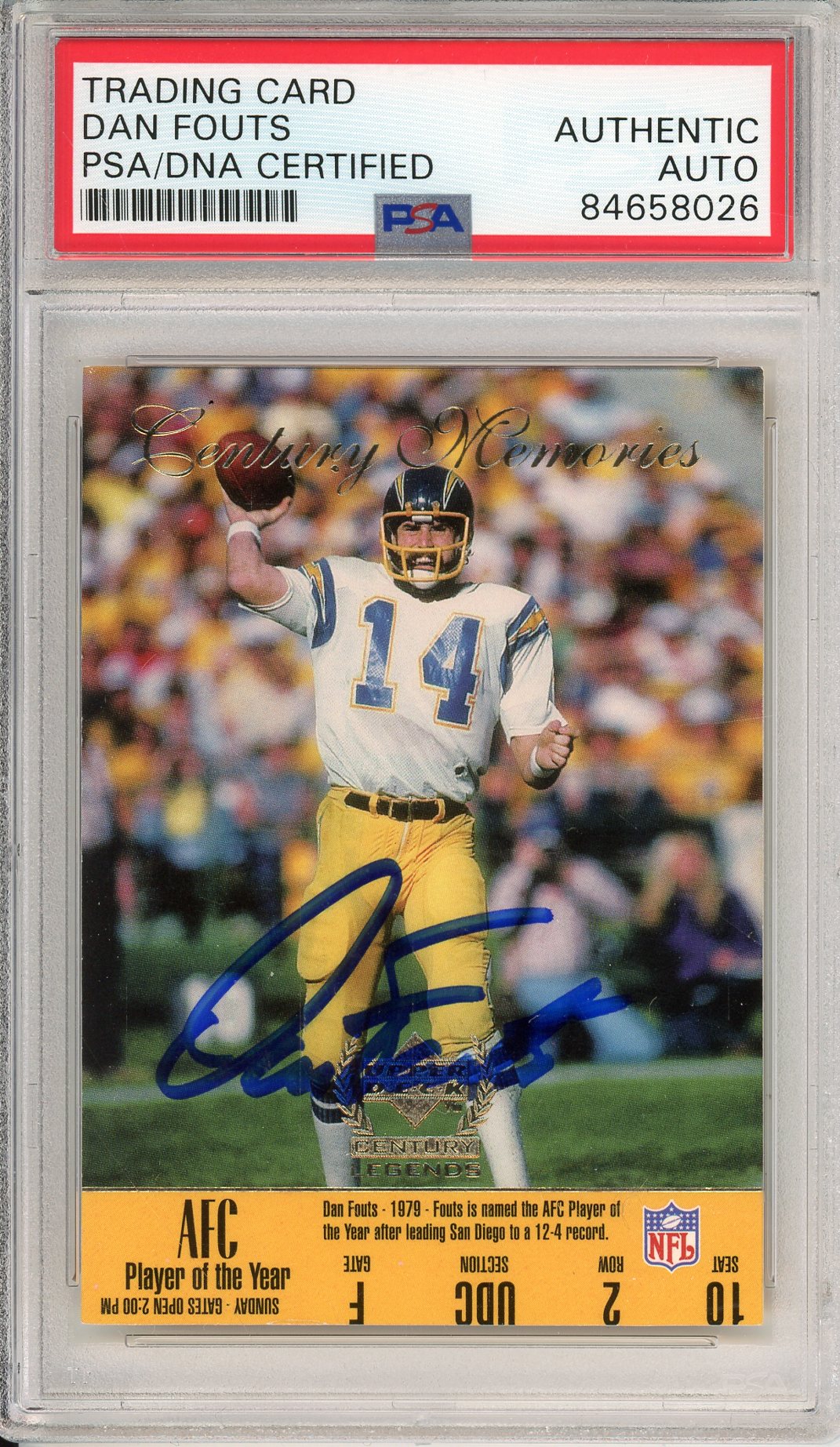 1999 UPPER DECK DAN FOUTS #180 HOF CHARGERS 6-TIME PRO BOWLER AUTOGRAPH PSA/DNA