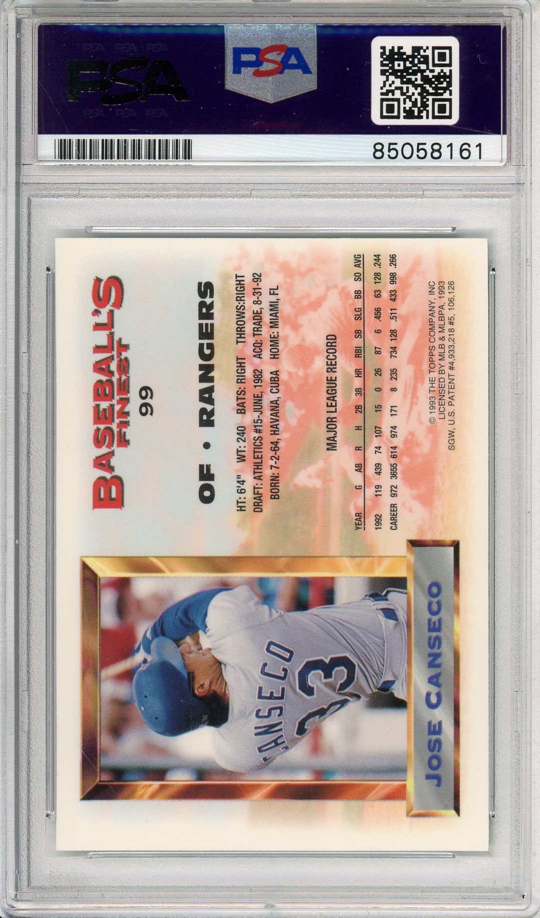 1993 TOPPS FINEST JOSE CANSECO #99 A'S HOF AUTOGRAPH PSA/DNA