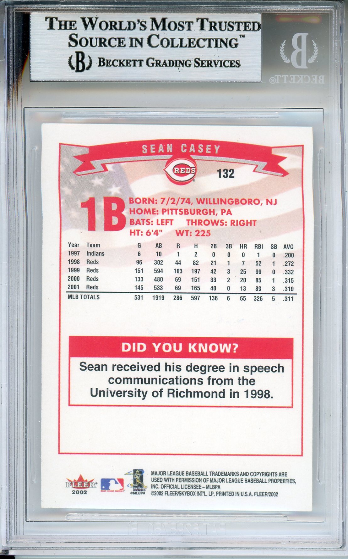 2002 FLEER SEAN CASEY #132 REDS ALL-STAR AUTO BECKETT AUTHENTIC