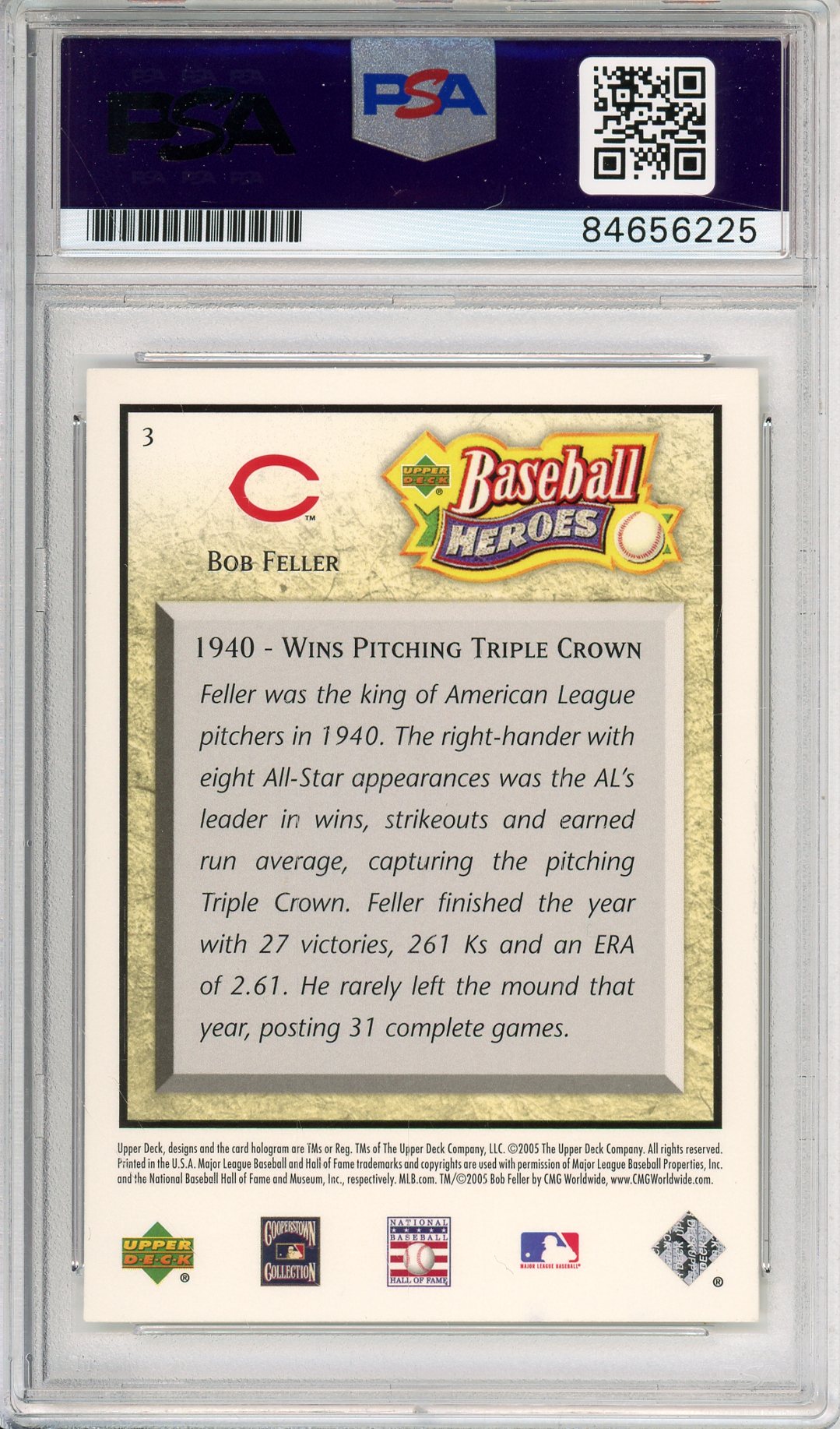 2005 UPPER DECK BASEBALL HEROES BOB FELLER #3 HOF AUTOGRAPH PSA/DNA