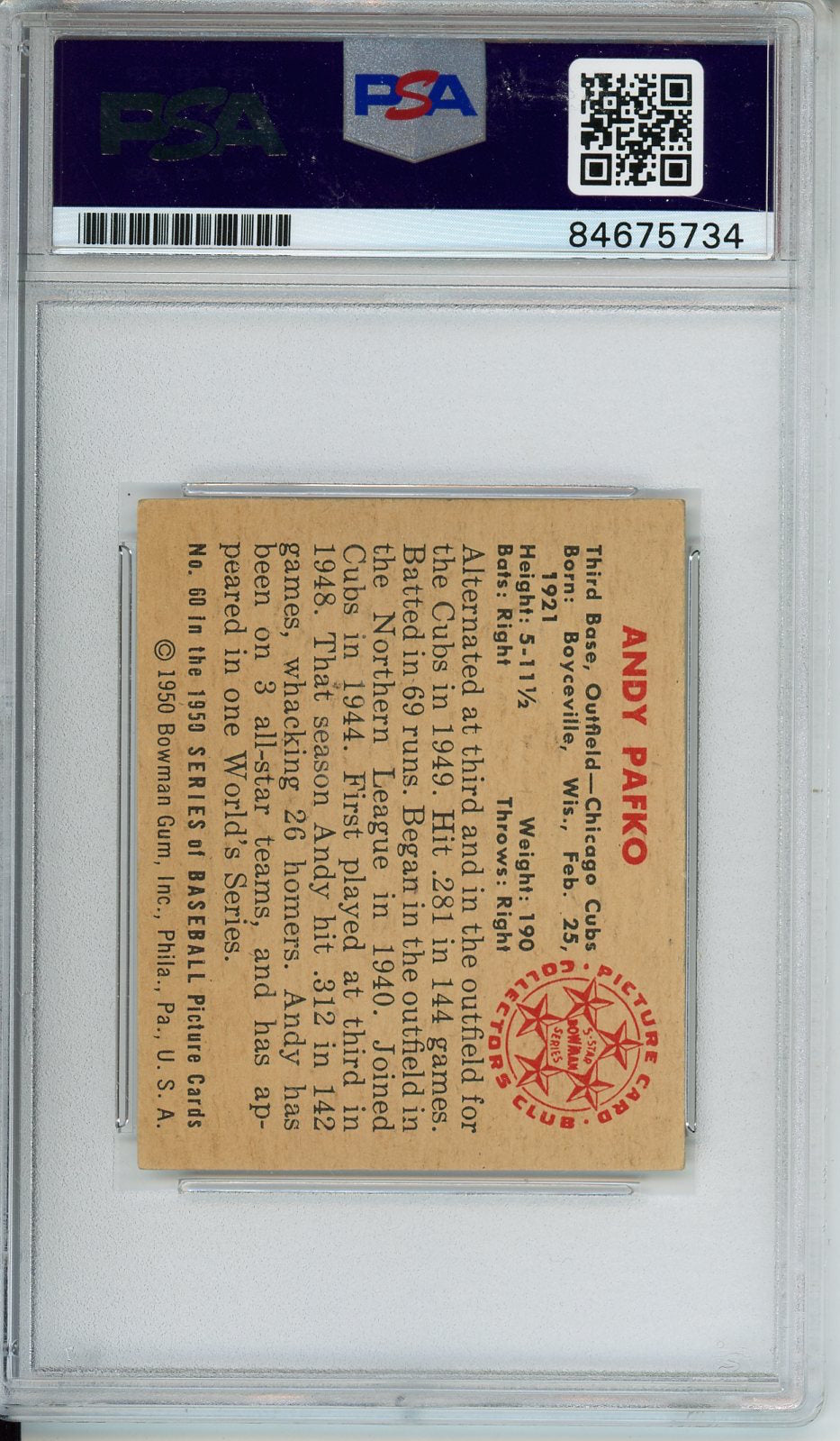 1950 BOWMAN ANDY PAFKO AUTO #60 PSA DNA