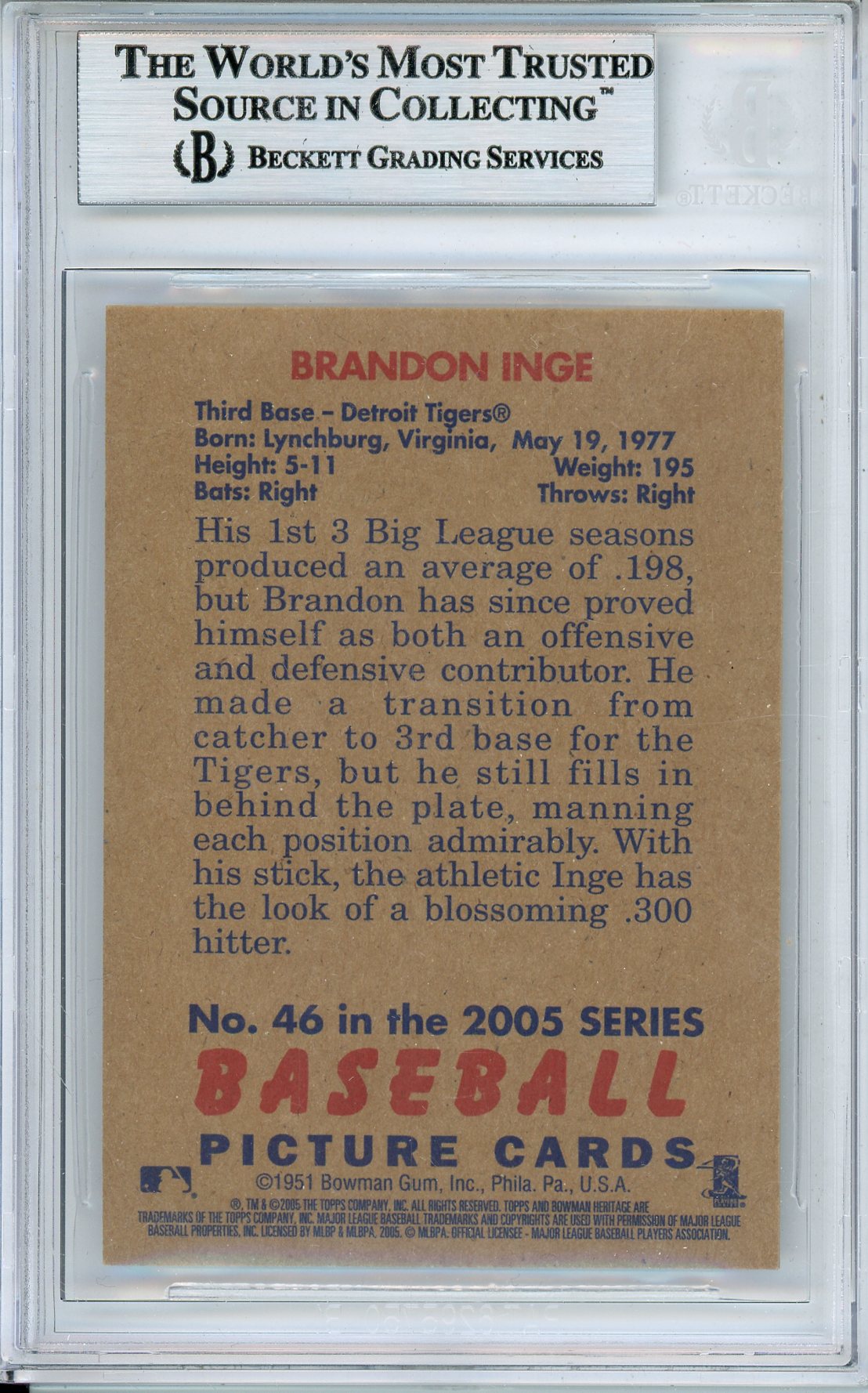2005 BOWMAN HERITAGE BRANDON INGE #46 TIGER ALL-STAR AUTOGRAPH BECKETT AUTHENTIC
