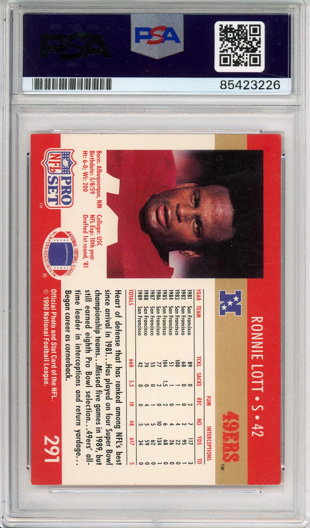 1990 PRO SET RONNIE LOTT #291 HOF AUTOGRAPH 49ERS PSA/DNA