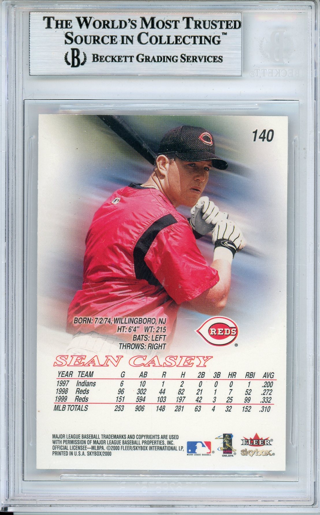 2000 SKYBOX SEAN CASEY #140 REDS ALL-STAR AUTOGRAPH BECKETT AUTHENTIC