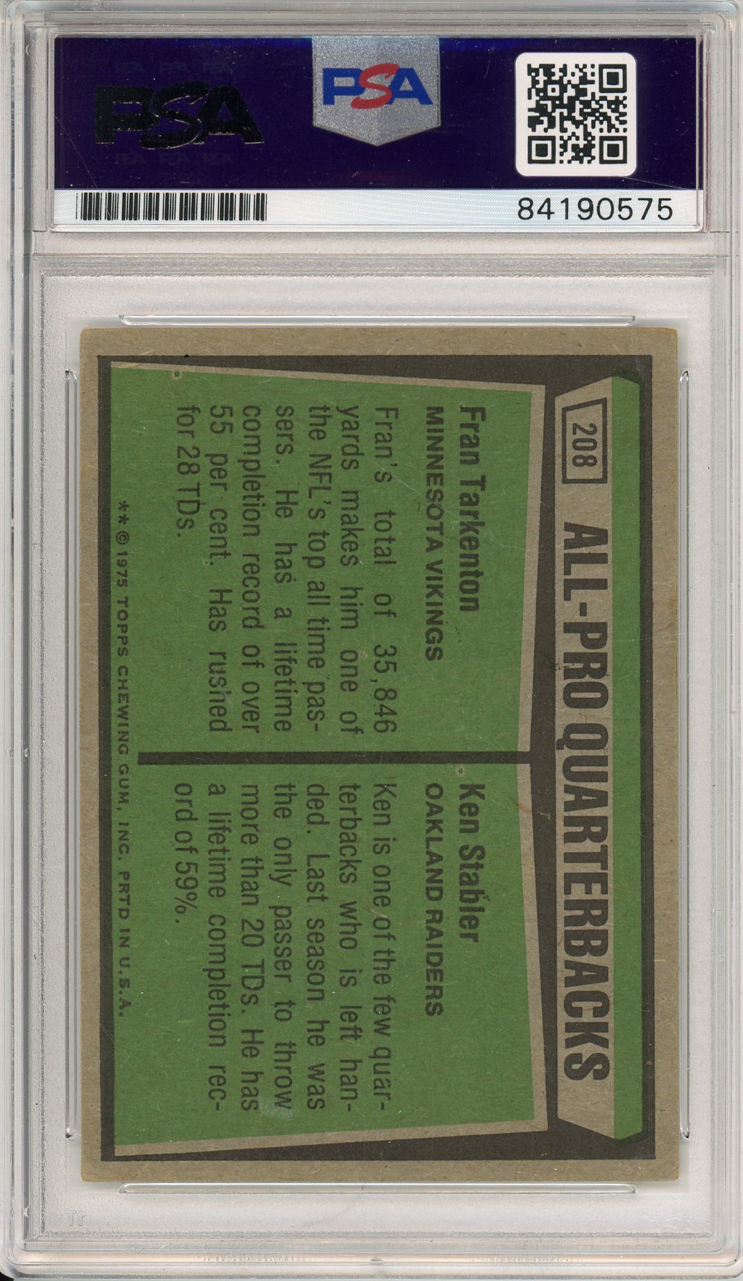 1975 TOPPS FRAN TARKENTON #208 HOF VIKINGS NFL MVP AUTOGRAPH PSA/DNA