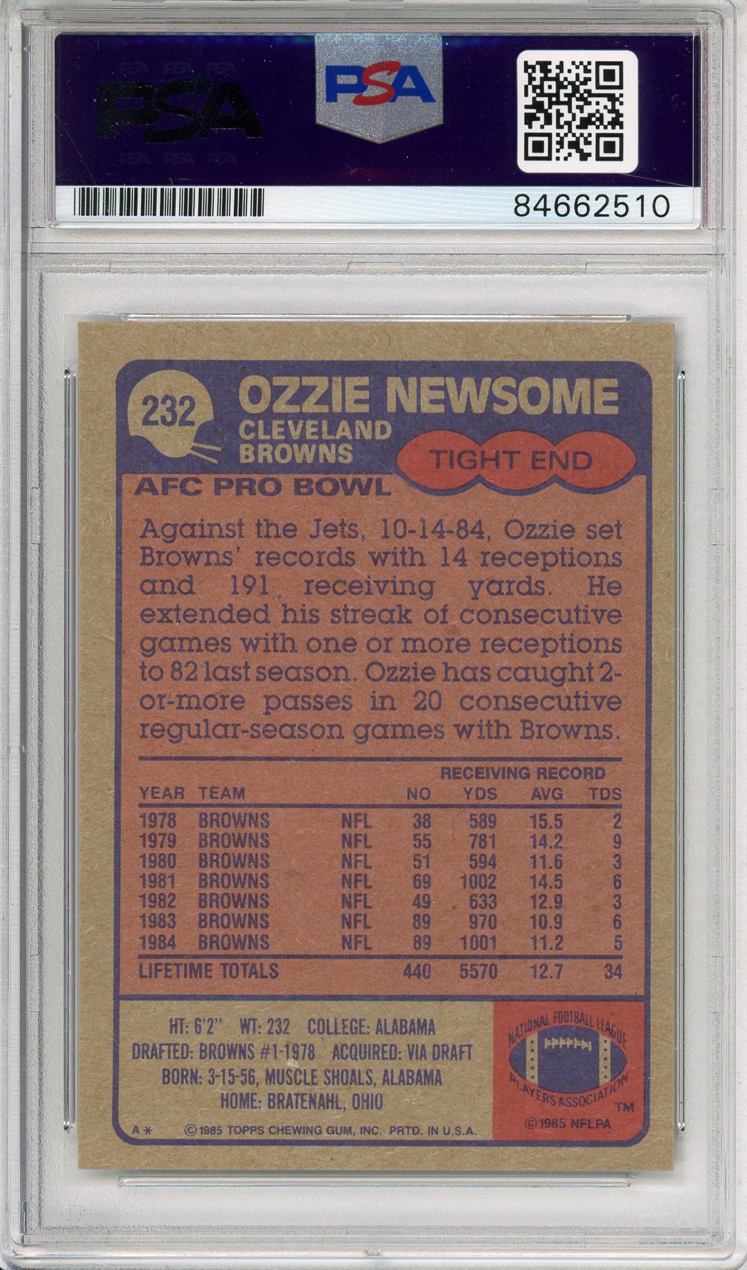 1985 TOPPS OZZIE NEWSOME #232 HOF AUTOGRAPH BROWNS PSA/DNA AUTO GRADE 10