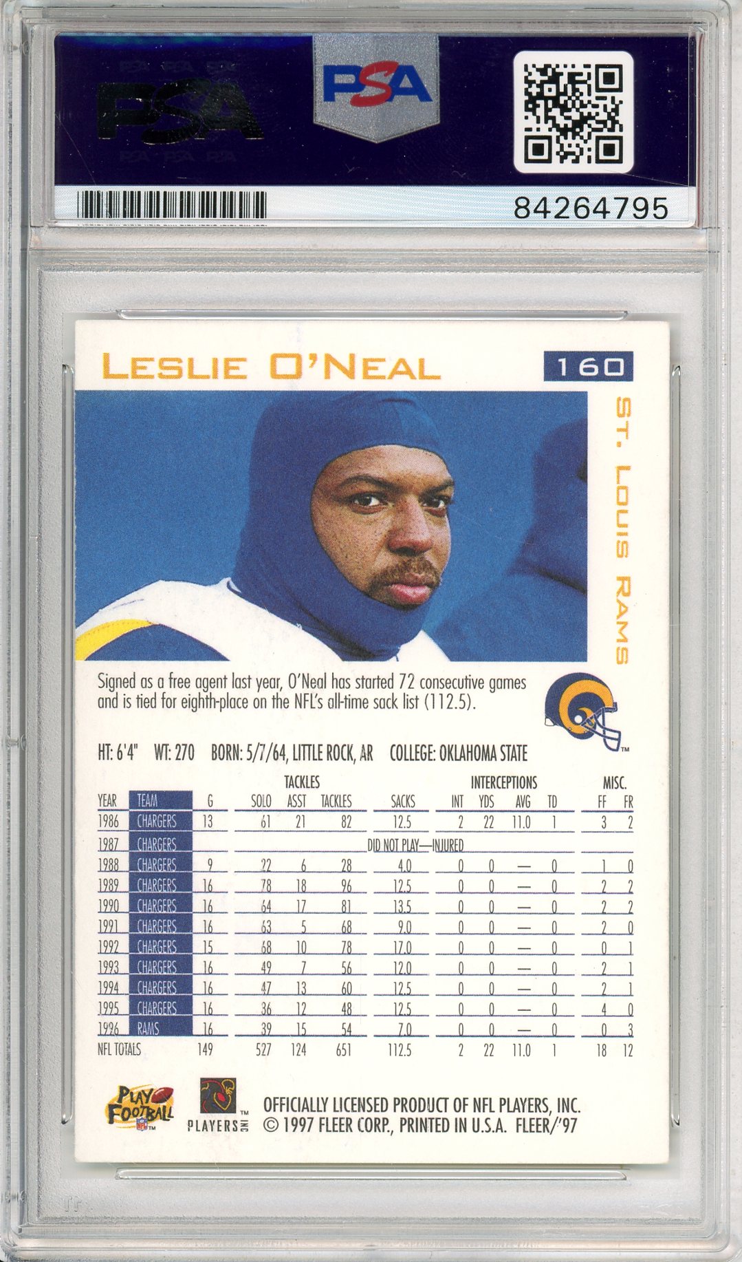 1997 FLEER LESLIE O'NEAL #160 COLLEGE HOF AUTOGRAPH RAMS PSA/DNA