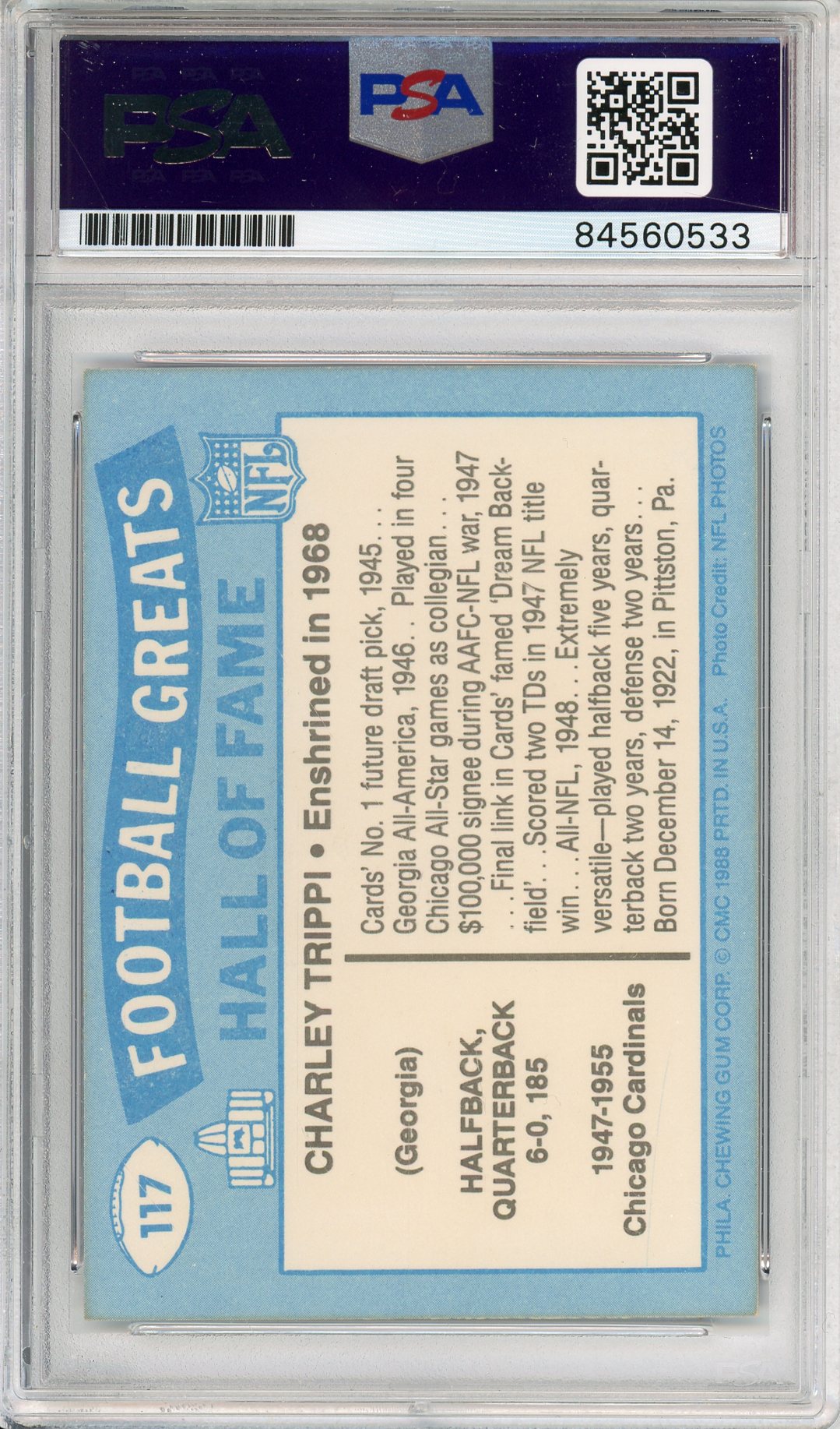 1988 SWELL CHARLEY TRIPPI #117 HOF AUTOGRAPH CARDINALS PSA/DNA