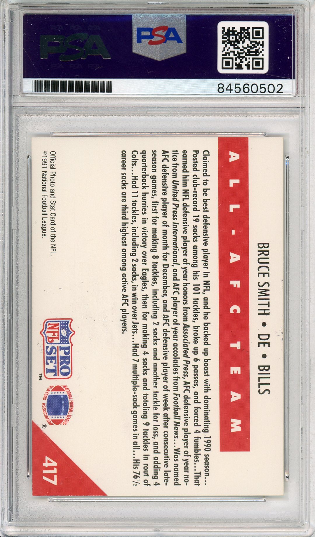 1991 PRO SET BRUCE SMITH #417 HOF AUTOGRAPH BILLS PSA/DNA