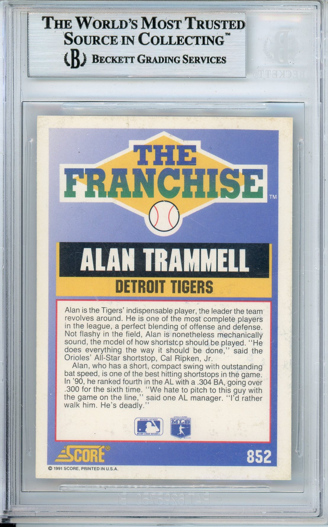 1991 SCORE ALAN TRAMMELL #852 HOF AUTOGRAPH TIGERS BECKETT AUTHENTIC