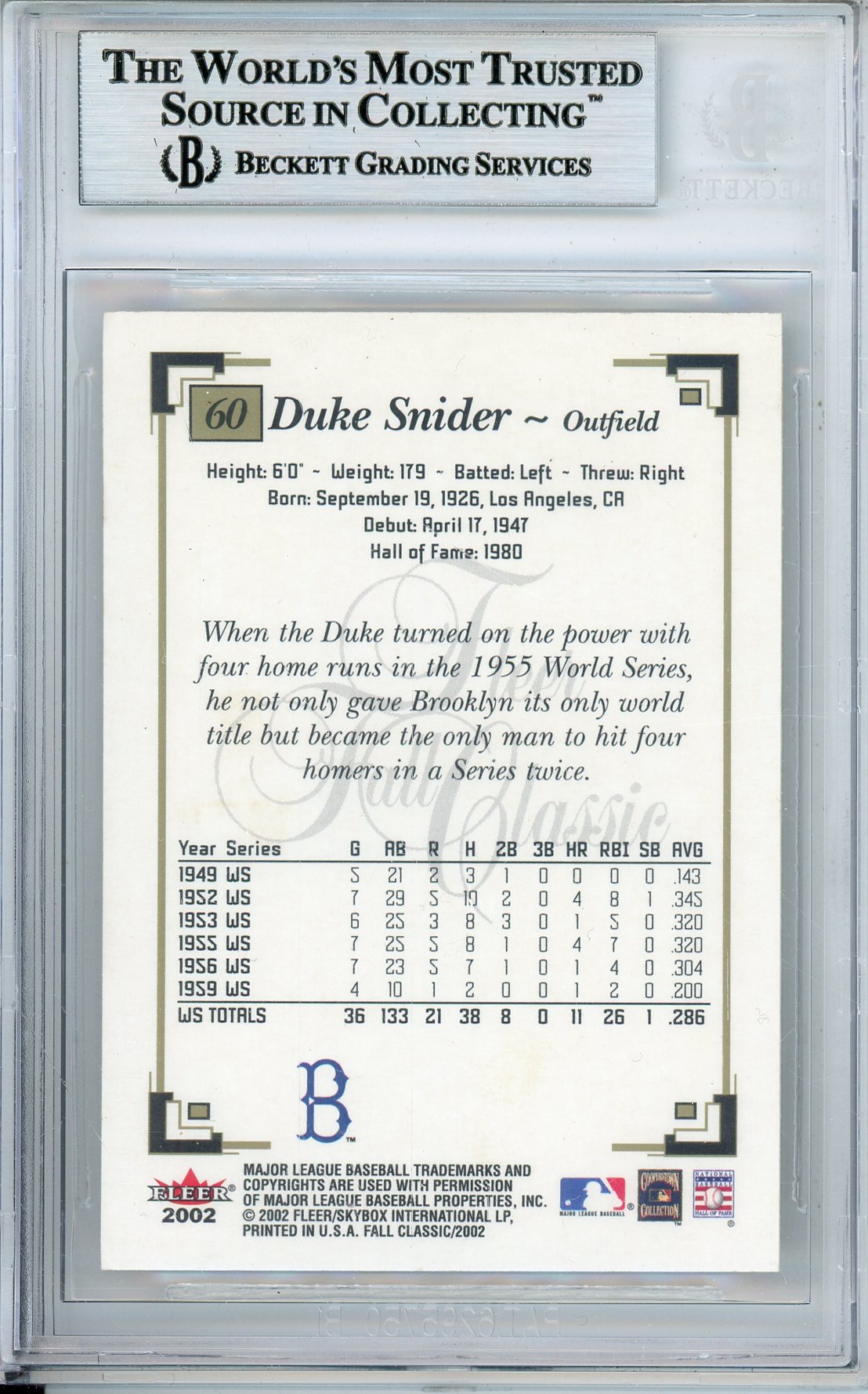 2002 FLEER FALL CLASSICS DUKE SNIDER #60 HOF AUTOGRAPH BECKETT AUTHENTIC