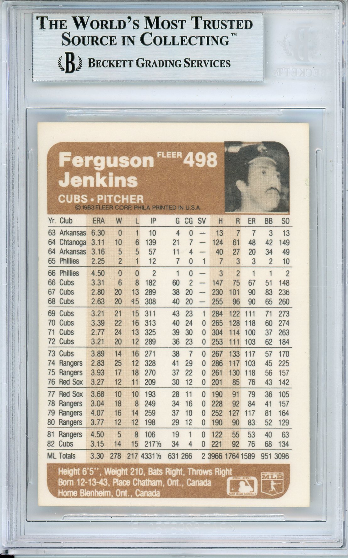 1983 FLEER FERGIE JENKINS #498 CUBS HOF AUTOGRAPH BECKETT AUTHENTIC