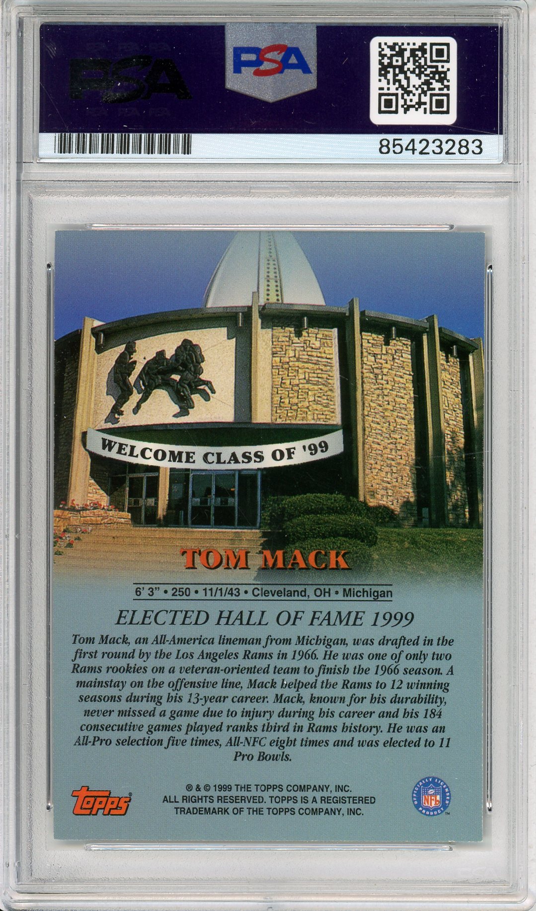 1999 TOPPS HALL OF FAME TOM MACK #HOF4 HOF AUTOGRAPH RAMS PSA/DNA