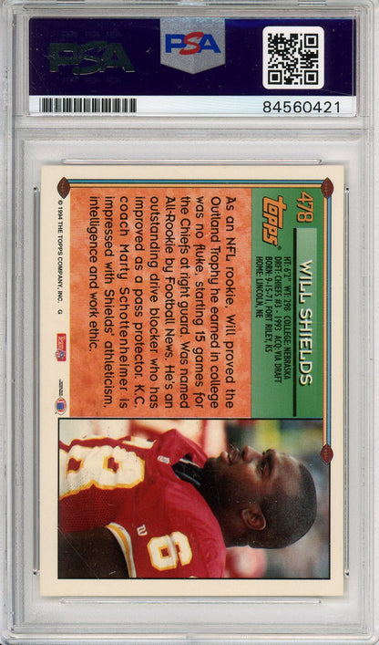 1994 TOPPS WILL SHIELDS #478 HOF AUTOGRAPH CHIEFS PSA/DNA