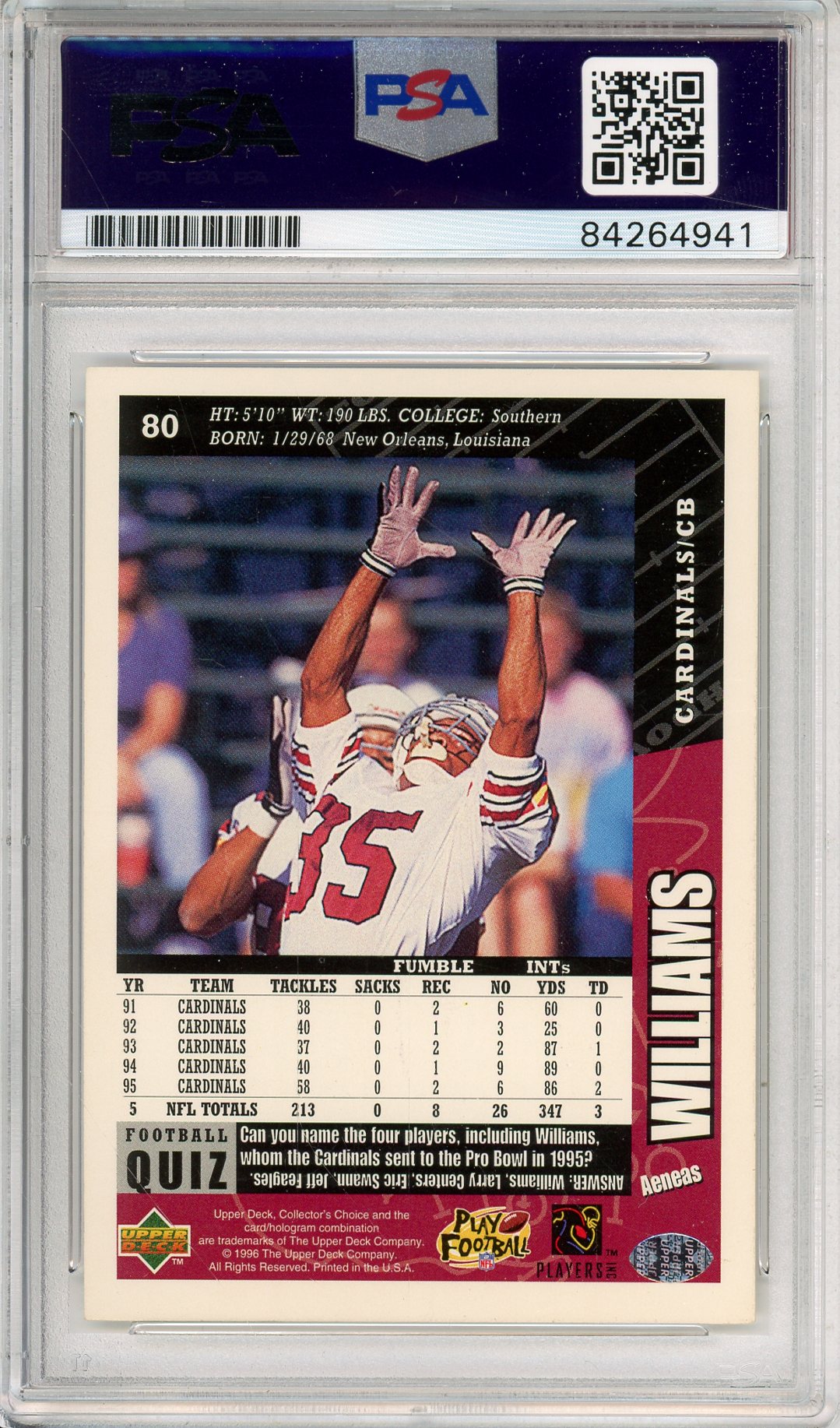 1996 UPPER DECK AENEAS WILLIAMS #80 HOF AUTOGRAPH CARDINALS PSA/DNA