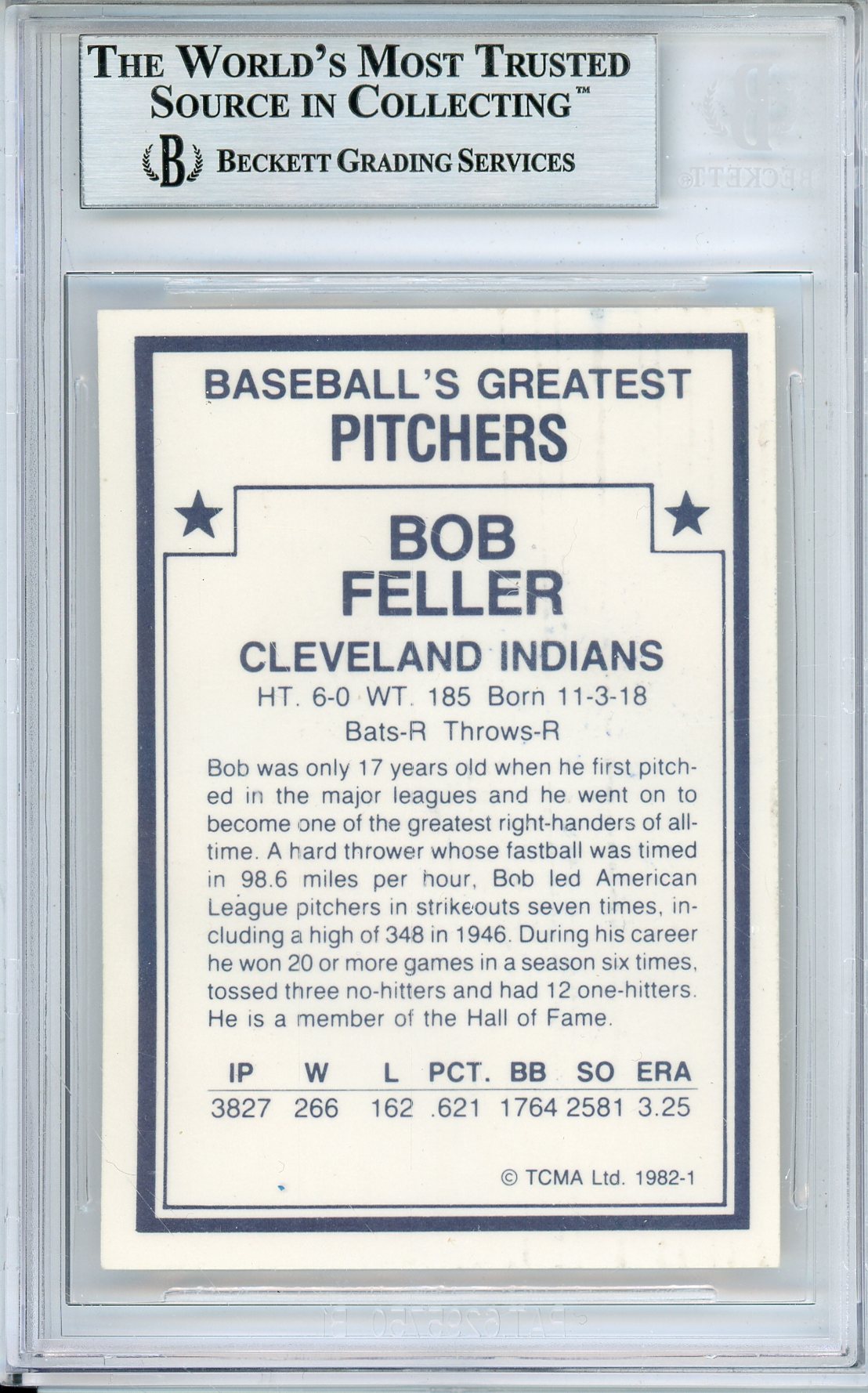 1982 TCMA GREATEST PITCHERS BOB FELLER #1  HOF AUTOGRAPH BECKETT AUTHENTIC