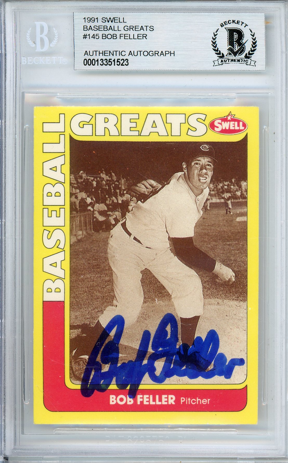 1991 SWELL BASEBALL GREATS BOB FELLER #145 HOF AUTOGRAPH BECKETT AUTHENTIC