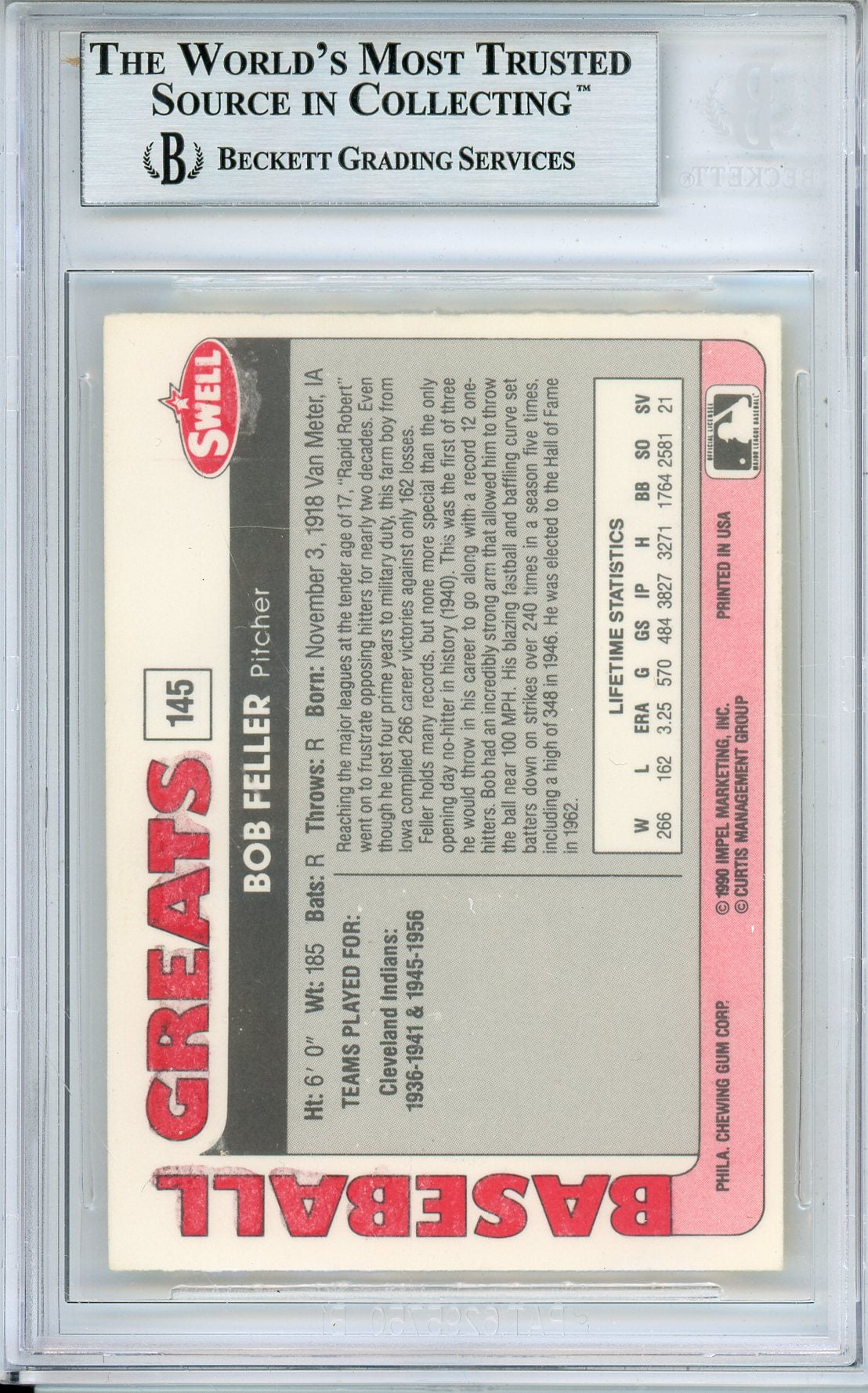 1991 SWELL BASEBALL GREATS BOB FELLER #145 HOF AUTOGRAPH BECKETT AUTHENTIC
