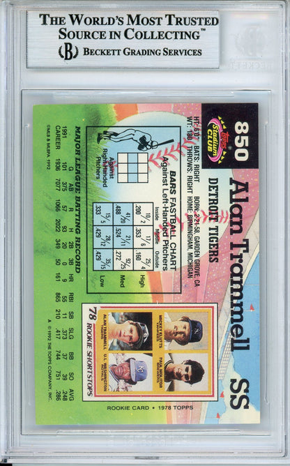 1992 STADIUM CLUB ALAN TRAMMELL #850 HOF AUTOGRAPH BECKETT AUTHENTIC