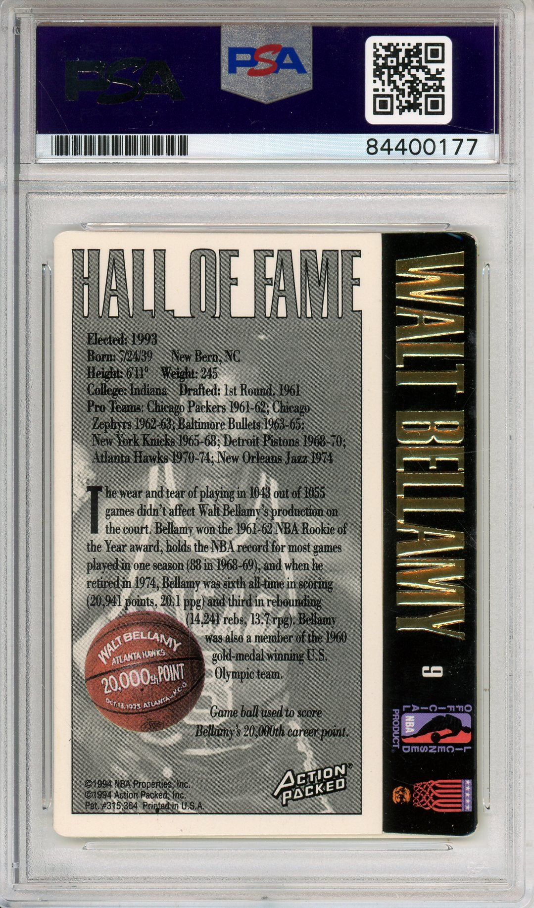 1994 NBA ACTION PACKED WALT BELLAMY #9 HOF AUTOGRAPH PSA/DNA