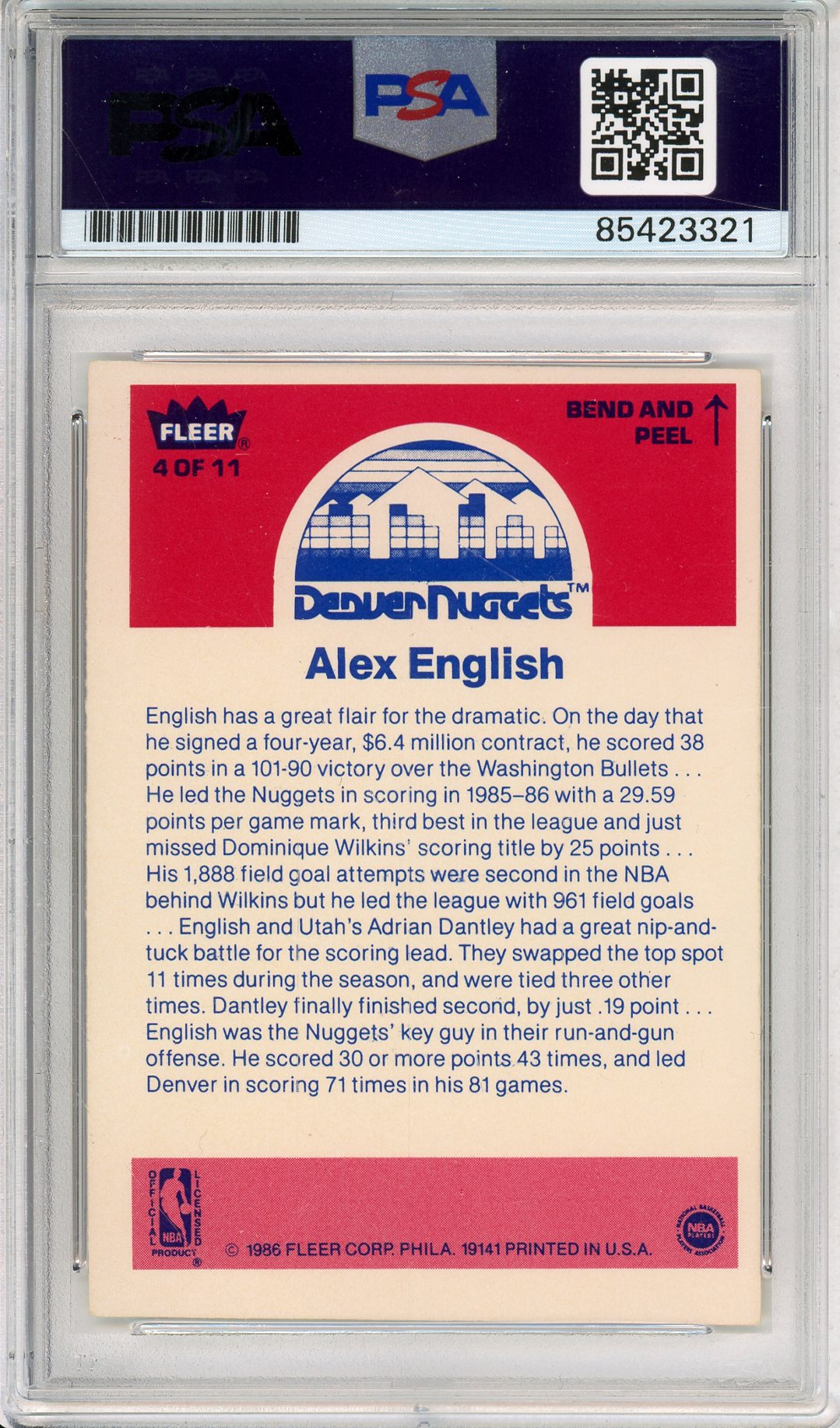1986 FLEER STICKERS ALEX ENGLISH #4 HOF AUTOGRAPH PSA/DNA