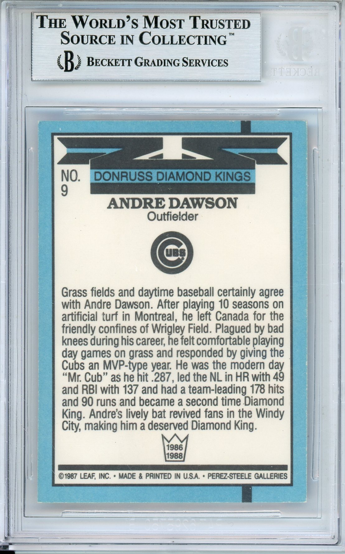 1988 DONRUSS ANDRE DAWSON DK #9 EXPOS HOF AUTOGRAPH BECKETT AUTHENTIC