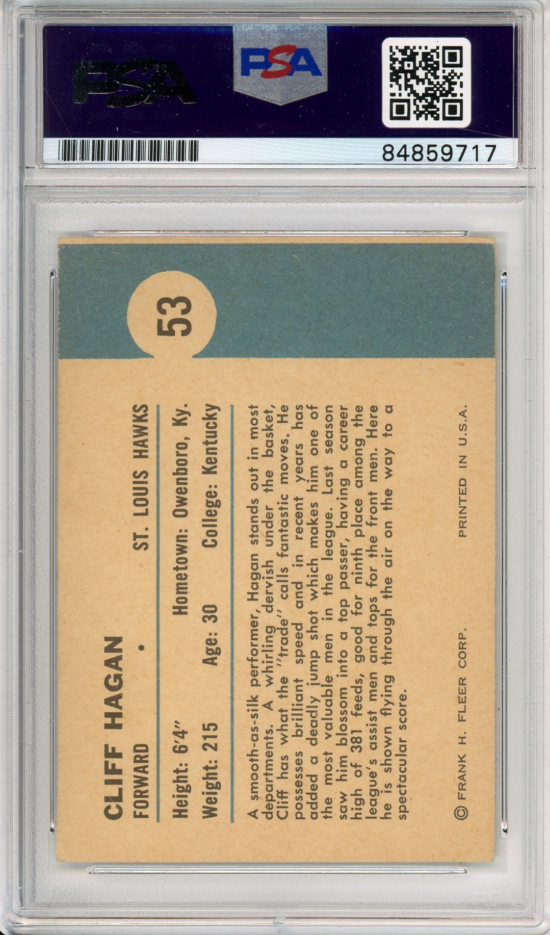 1961-62 TOPPS CLIFF HAGANS #53 HOF AUTOGRAPH PSA/DNA