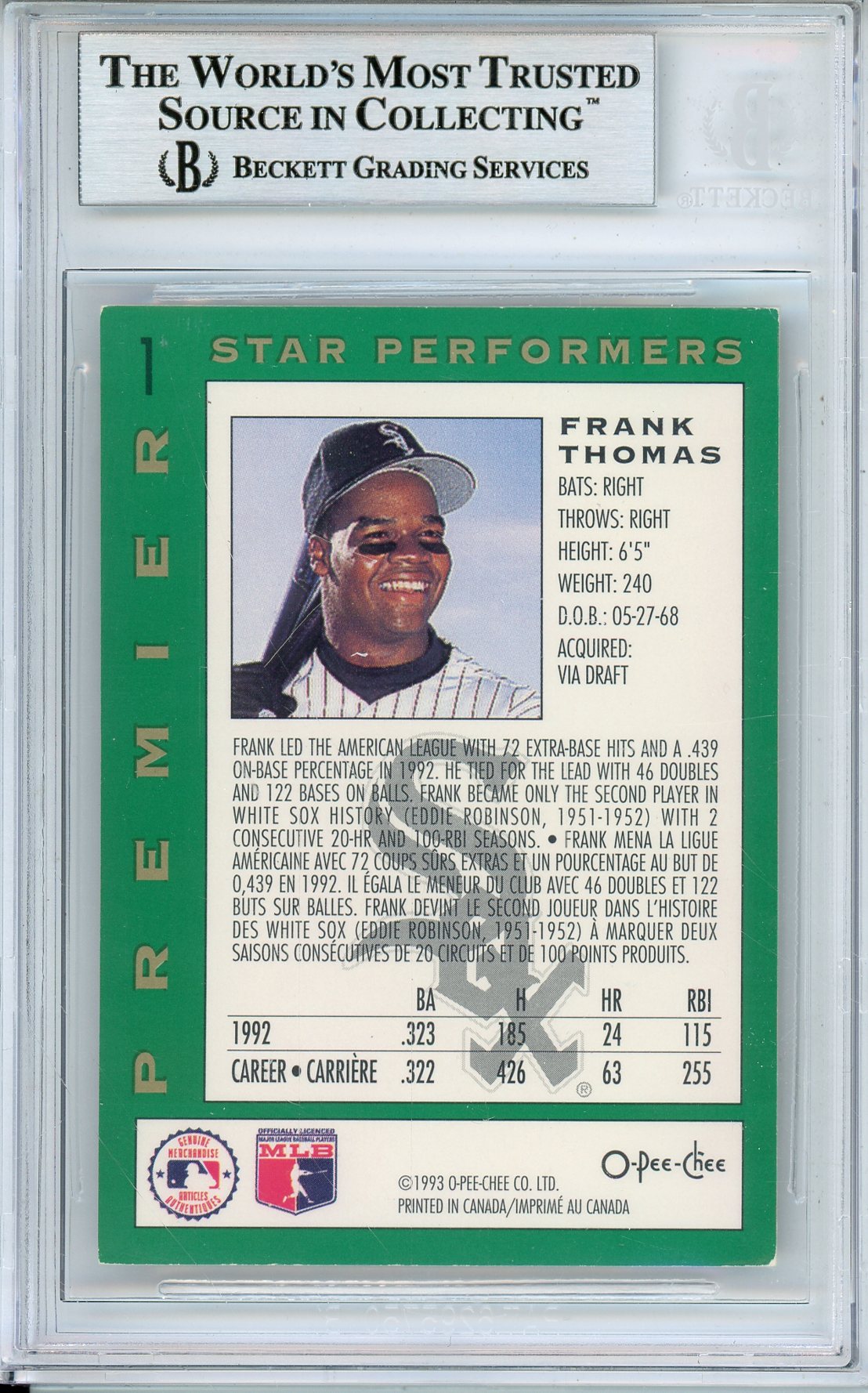 1993 O-PEE-CHEE PREMIER STAR PERFORMERS FRANK THOMAS #1 HOF AUTOGRAPH BECKETT AUTHENTIC
