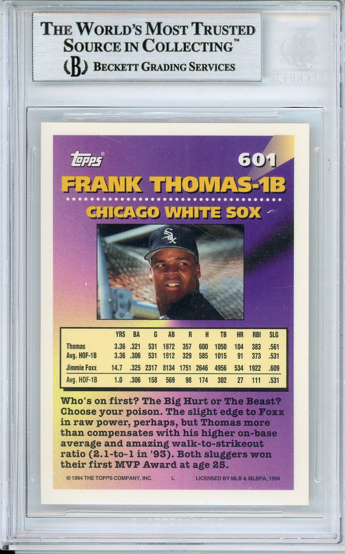 1994 TOPPS FRANK THOMAS #601 WHITE SOX HOF AUTOGRAPH BECKETTE AUTHENTIC