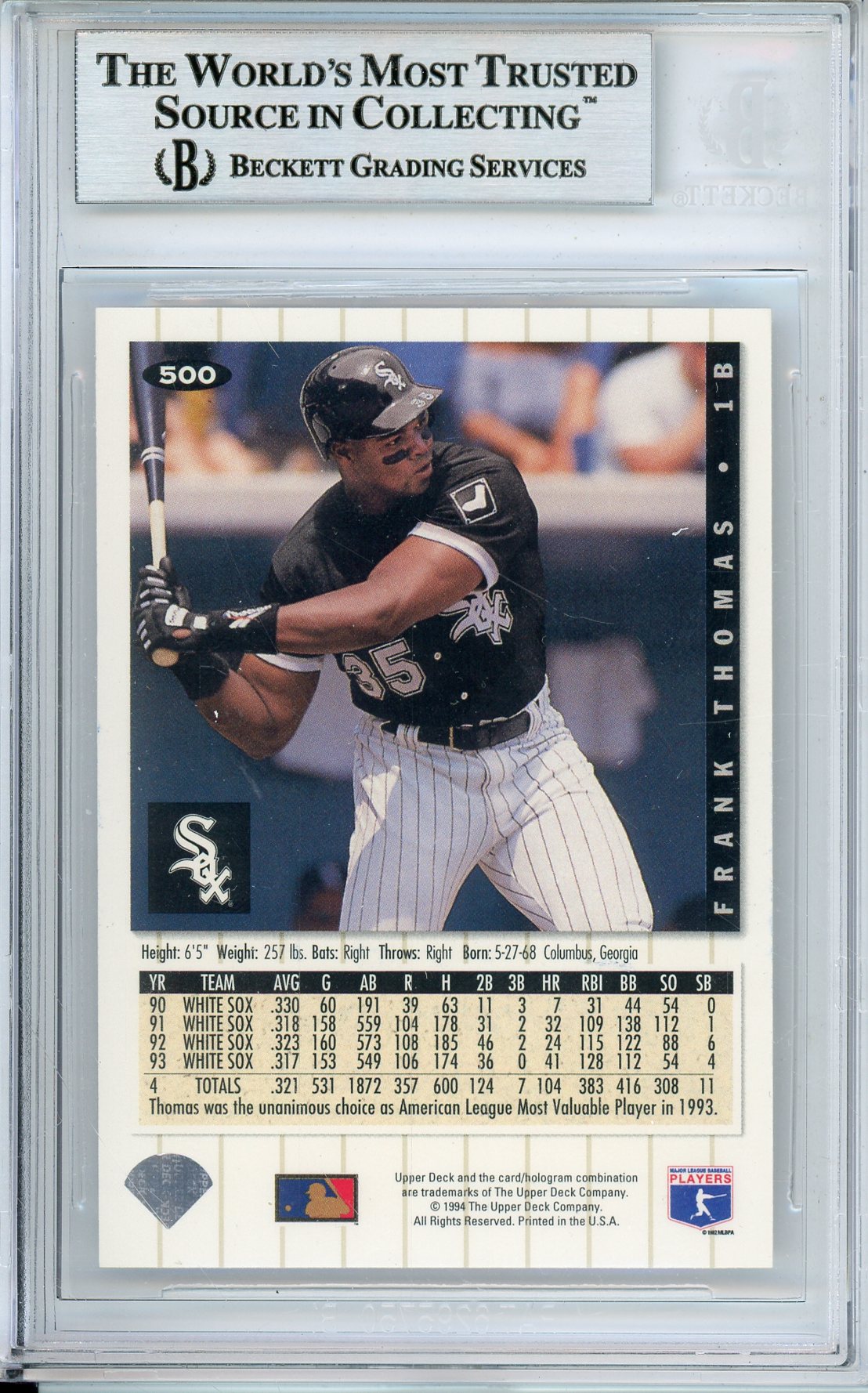 1994 COLLECTOR'S CHOICE FRANK THOMAS #500 HOF AUTOGRAPH BECKETT AUTHENTIC