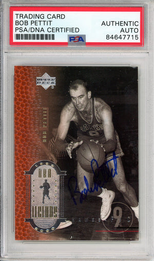 2000 UPPER DECK BOB PETTIT #49 NBA LEGENDS HOF HAWKS AUTOGRAPH PSA/DNA