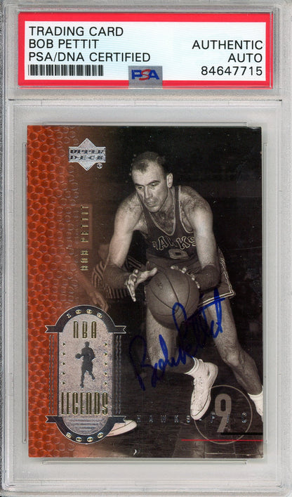 2000 UPPER DECK BOB PETTIT #49 NBA LEGENDS HOF HAWKS AUTOGRAPH PSA/DNA