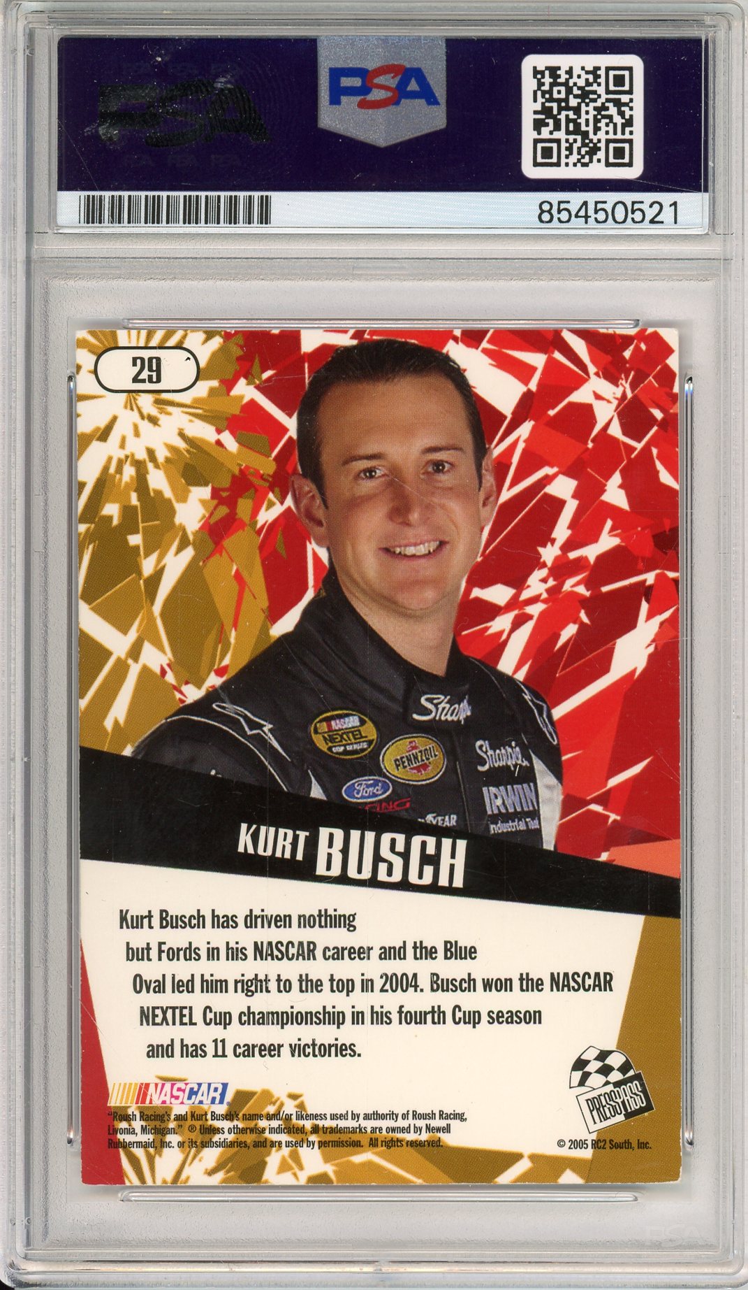 2005 PRESS PASS KURT BUSCH #29 NASCAR HOF 34 SERIES WINS AUTOGRAPH PSA/DNA