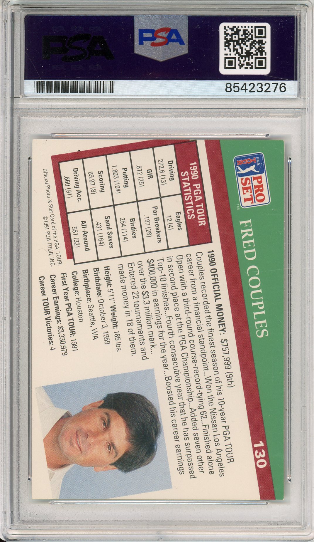 1991 PGA TOUR PRO SET FRED COUPLES #130 WORLD GOLF HOF MASTERS CHAMP AUTOGRAPH PSA/DNA
