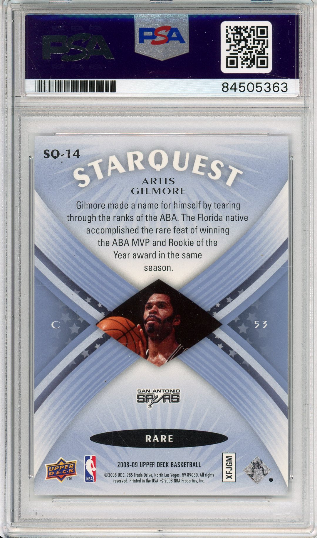 2008-09 UPPER DECK ARTIS GILMORE #SQ-14 STARQUEST HOF SPURS AUTOGRAPH PSA/DNA